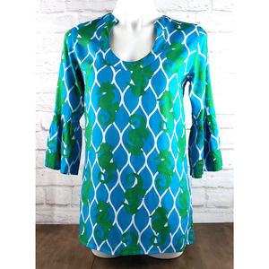 Escapada Blue & Green Seahorse Tunic/Top with Bell Sleeves~ Size XS/Extra Small